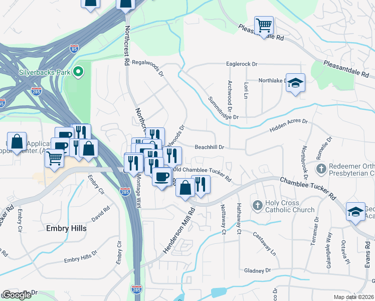 map of restaurants, bars, coffee shops, grocery stores, and more near 3485 Beachhill Drive in Doraville