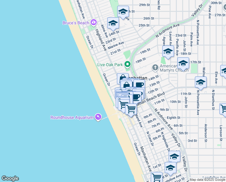 map of restaurants, bars, coffee shops, grocery stores, and more near 122 15th Street in Manhattan Beach