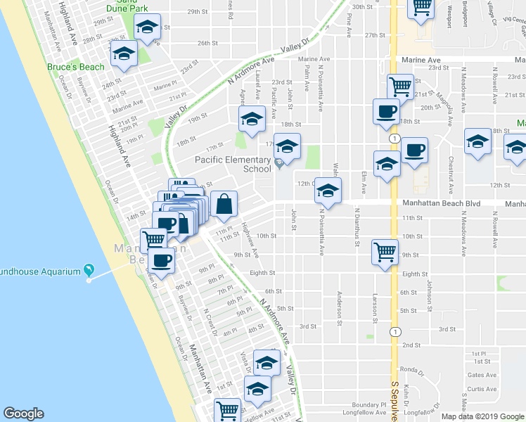 map of restaurants, bars, coffee shops, grocery stores, and more near 756 Manhattan Beach Boulevard in Manhattan Beach