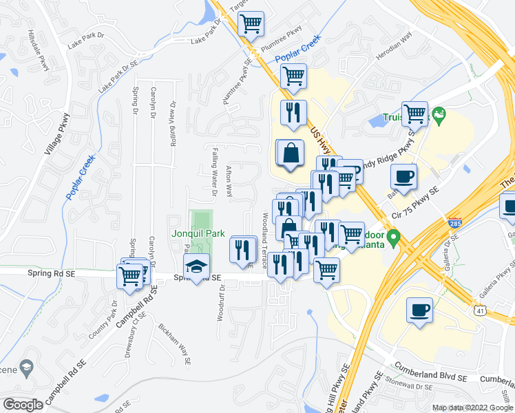 map of restaurants, bars, coffee shops, grocery stores, and more near 2734 Bell Drive Southeast in Smyrna