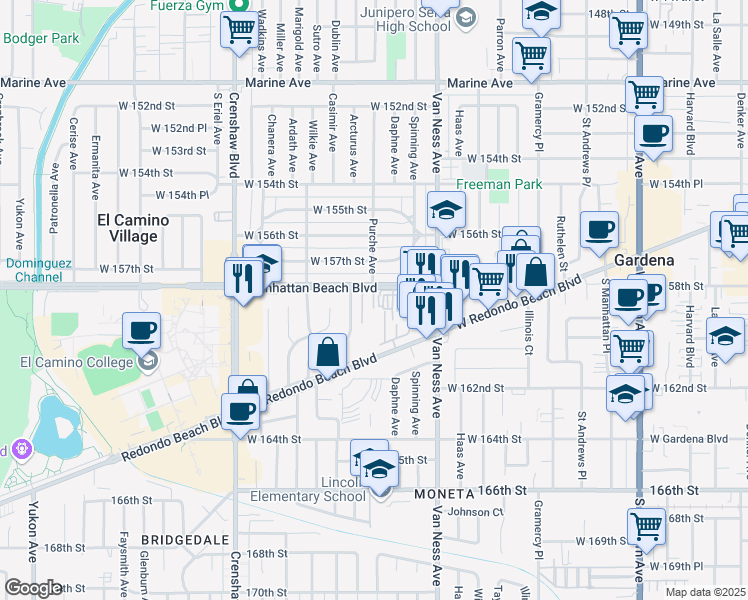 map of restaurants, bars, coffee shops, grocery stores, and more near 15812 Crest Lane in Gardena