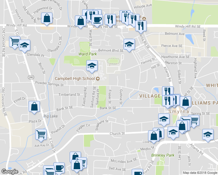 map of restaurants, bars, coffee shops, grocery stores, and more near 2706 Fraser Street in Smyrna