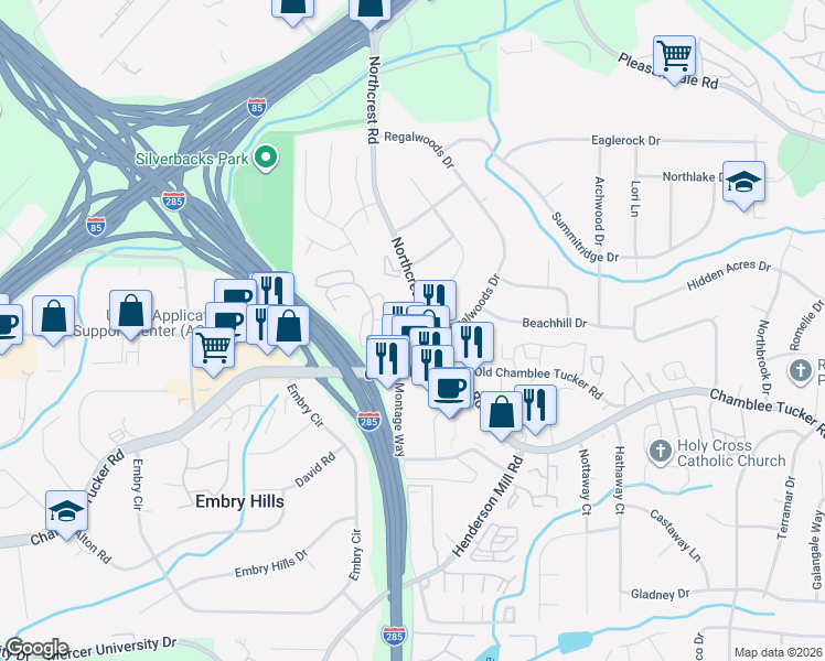 map of restaurants, bars, coffee shops, grocery stores, and more near 3314 Northcrest Road in Doraville