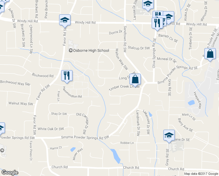 map of restaurants, bars, coffee shops, grocery stores, and more near 217 Timber Creek Lane Southwest in Marietta