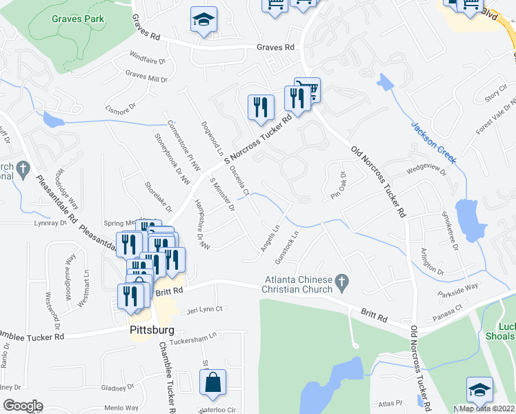 map of restaurants, bars, coffee shops, grocery stores, and more near 1149 Osceola Court in Tucker