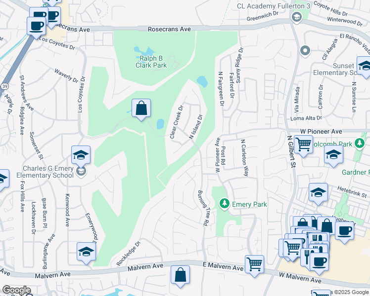 map of restaurants, bars, coffee shops, grocery stores, and more near 1646 North Island Drive in Fullerton