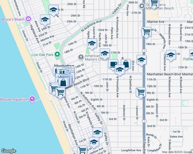 map of restaurants, bars, coffee shops, grocery stores, and more near 760 Manhattan Beach Boulevard in Manhattan Beach