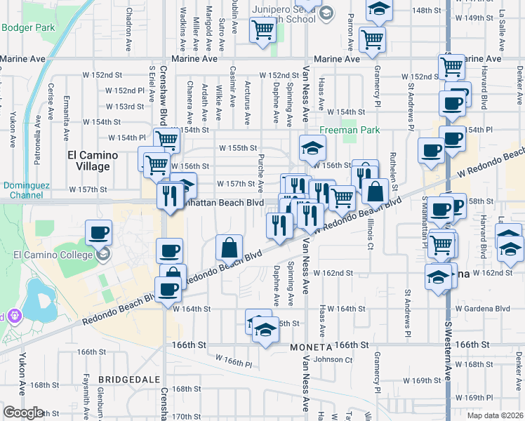 map of restaurants, bars, coffee shops, grocery stores, and more near 15812 Crest Lane in Gardena