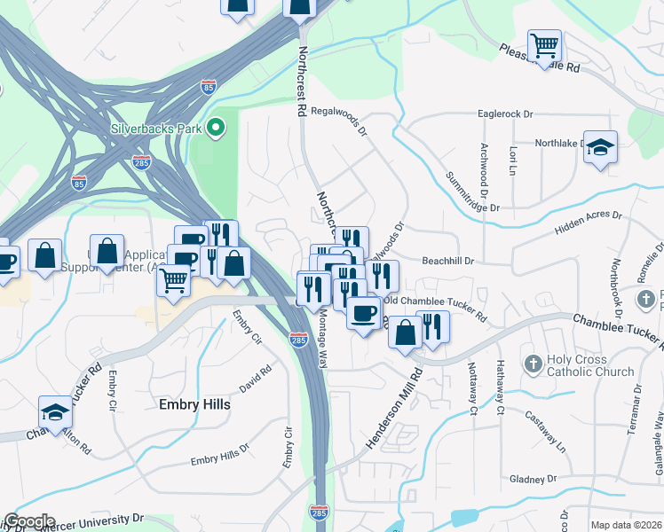 map of restaurants, bars, coffee shops, grocery stores, and more near 3314 Northcrest Road in Doraville