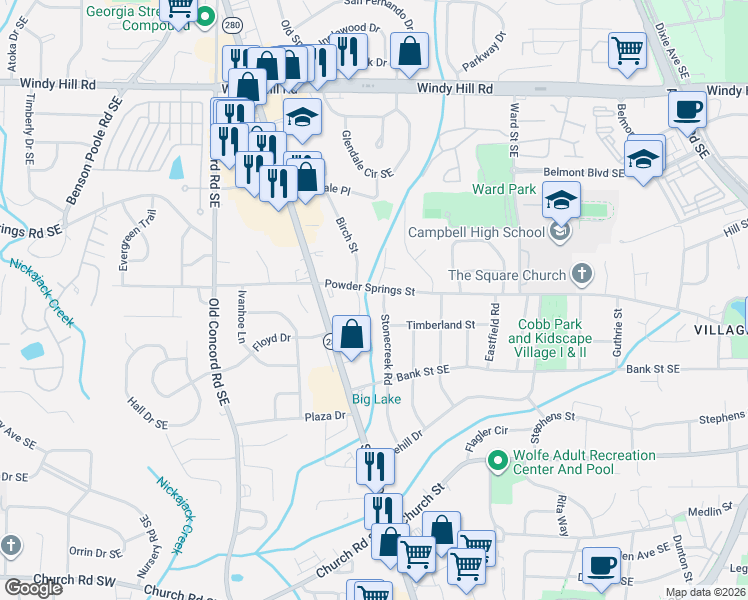 map of restaurants, bars, coffee shops, grocery stores, and more near 620 Powder Springs Street in Smyrna