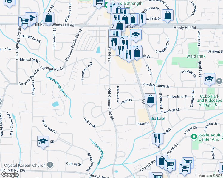 map of restaurants, bars, coffee shops, grocery stores, and more near 2721 Old Concord Road Southeast in Smyrna