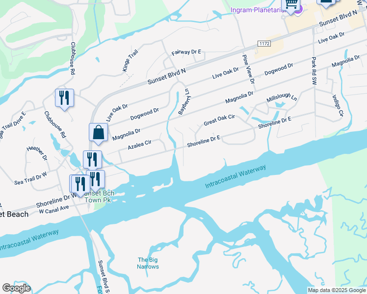 map of restaurants, bars, coffee shops, grocery stores, and more near 398 Stokes Court West in Sunset Beach