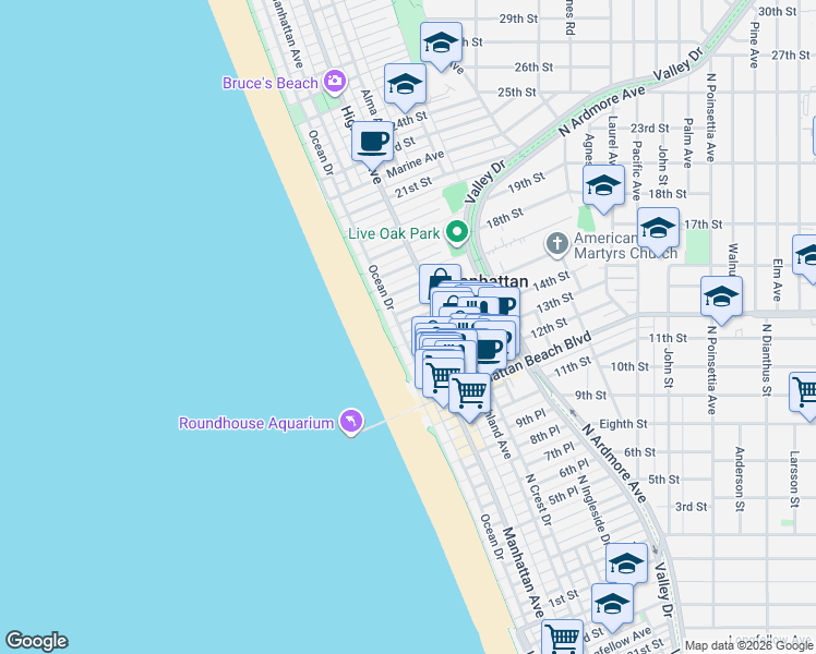 map of restaurants, bars, coffee shops, grocery stores, and more near 1408 Ocean Drive in Manhattan Beach