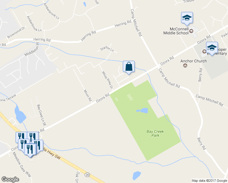 map of restaurants, bars, coffee shops, grocery stores, and more near 143 Ozora Road in Loganville