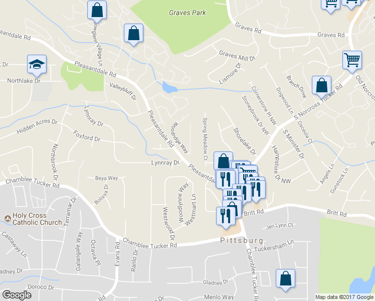 map of restaurants, bars, coffee shops, grocery stores, and more near 4018 Woodridge Way in Tucker