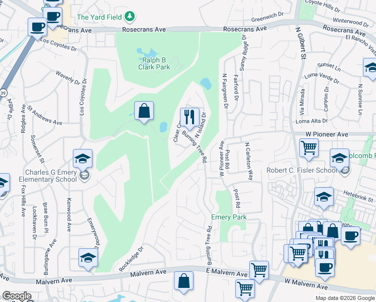 map of restaurants, bars, coffee shops, grocery stores, and more near 1646 North Island Drive in Fullerton