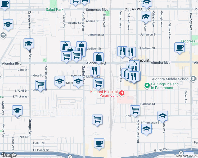 map of restaurants, bars, coffee shops, grocery stores, and more near 16223 Minnesota Avenue in Paramount