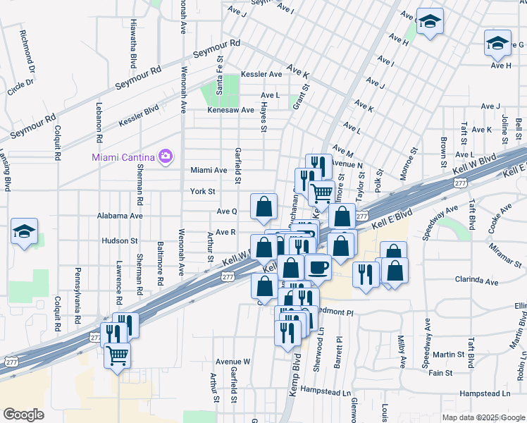 map of restaurants, bars, coffee shops, grocery stores, and more near Avenue Q in Wichita Falls