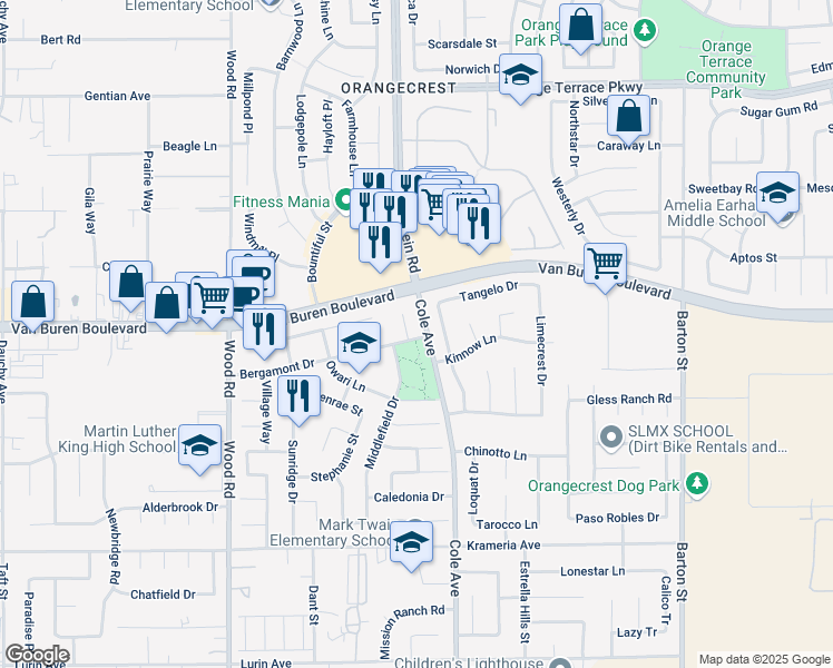 map of restaurants, bars, coffee shops, grocery stores, and more near 9042 Kara Circle in Riverside