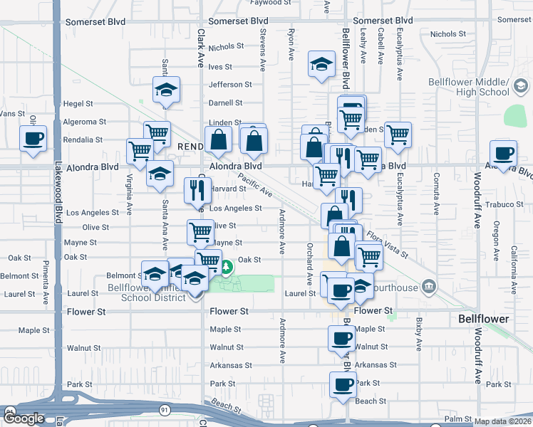 map of restaurants, bars, coffee shops, grocery stores, and more near 9567 Olive Street in Bellflower