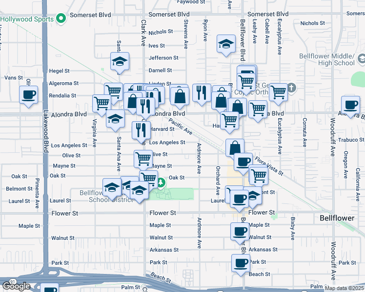 map of restaurants, bars, coffee shops, grocery stores, and more near 9519 Olive Street in Bellflower