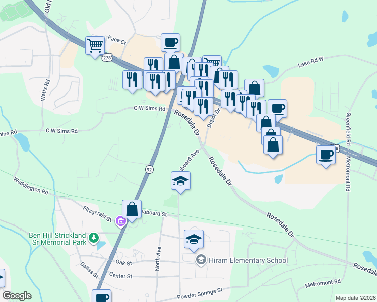 map of restaurants, bars, coffee shops, grocery stores, and more near 2852 Seaboard Avenue in Hiram