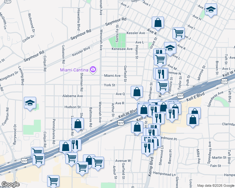 map of restaurants, bars, coffee shops, grocery stores, and more near 3111 Ave Q in Wichita Falls
