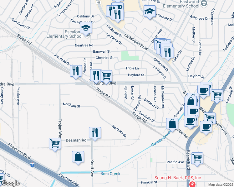 map of restaurants, bars, coffee shops, grocery stores, and more near 15933 Bluefield Avenue in La Mirada