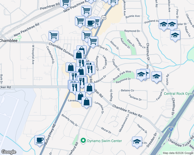 map of restaurants, bars, coffee shops, grocery stores, and more near 3316 Raymond Drive in Doraville
