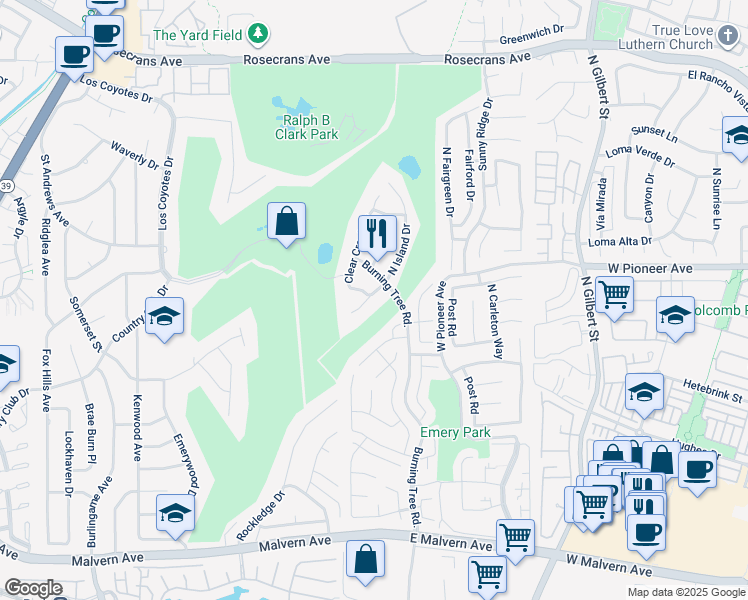 map of restaurants, bars, coffee shops, grocery stores, and more near 1646 North Island Drive in Fullerton
