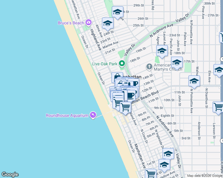 map of restaurants, bars, coffee shops, grocery stores, and more near 1310 Manhattan Avenue in Manhattan Beach