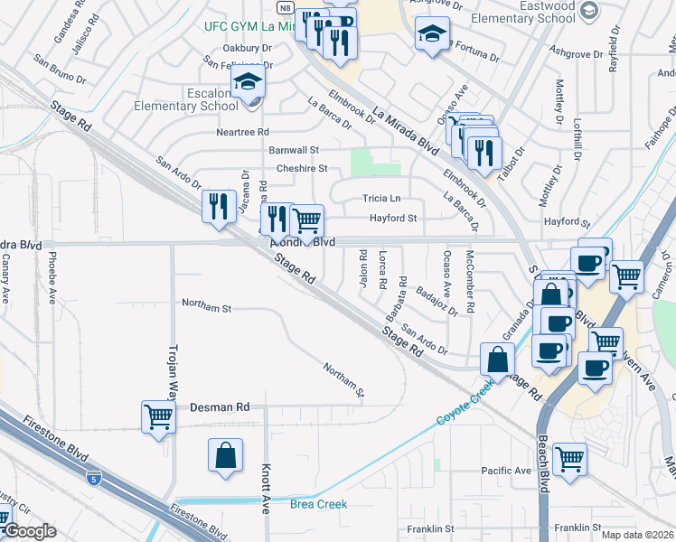map of restaurants, bars, coffee shops, grocery stores, and more near 15933 Bluefield Avenue in La Mirada