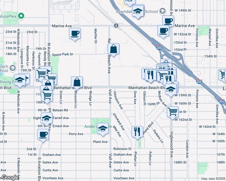 map of restaurants, bars, coffee shops, grocery stores, and more near 3409 Johnston Avenue in Redondo Beach
