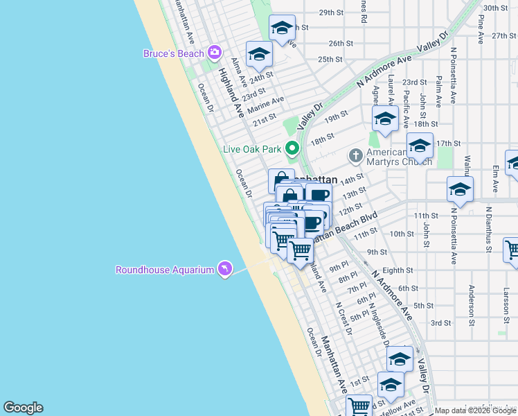 map of restaurants, bars, coffee shops, grocery stores, and more near 122 15th Street in Manhattan Beach
