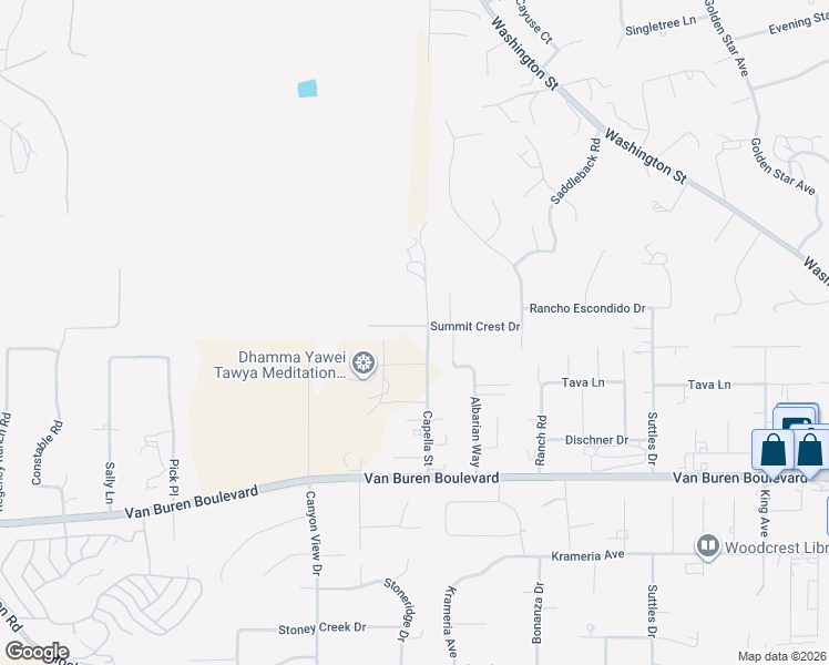 map of restaurants, bars, coffee shops, grocery stores, and more near 16073 Capella Street in Riverside