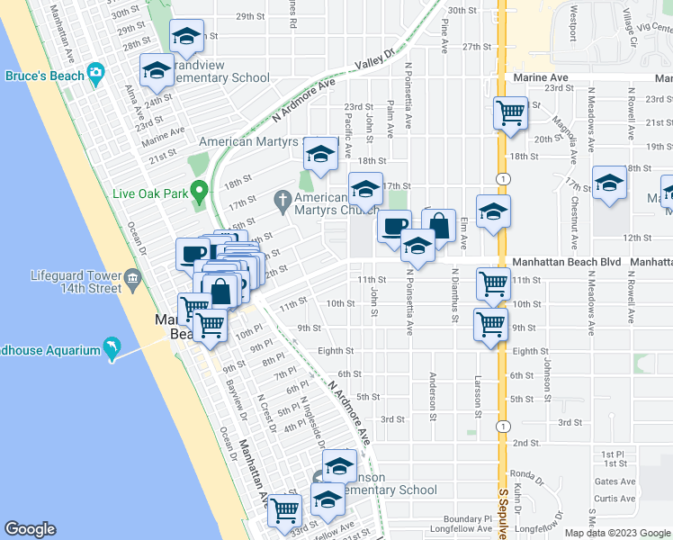 map of restaurants, bars, coffee shops, grocery stores, and more near 760 Manhattan Beach Boulevard in Manhattan Beach