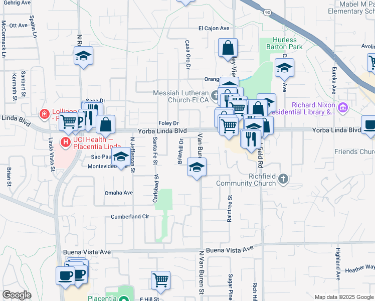 map of restaurants, bars, coffee shops, grocery stores, and more near 5091 Casa Oro Drive in Yorba Linda