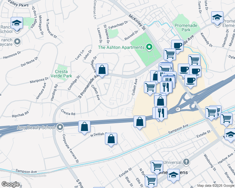 map of restaurants, bars, coffee shops, grocery stores, and more near 441 Wellesley Drive in Corona