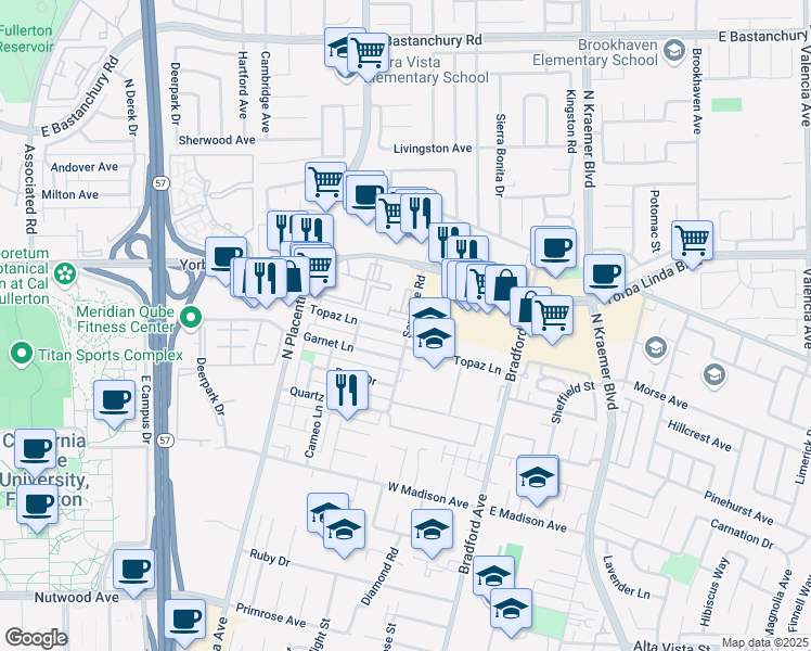 map of restaurants, bars, coffee shops, grocery stores, and more near 3130 Topaz Lane in Fullerton