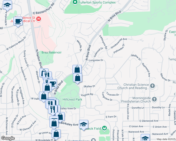 map of restaurants, bars, coffee shops, grocery stores, and more near 1674 Shady Brook Drive in Fullerton