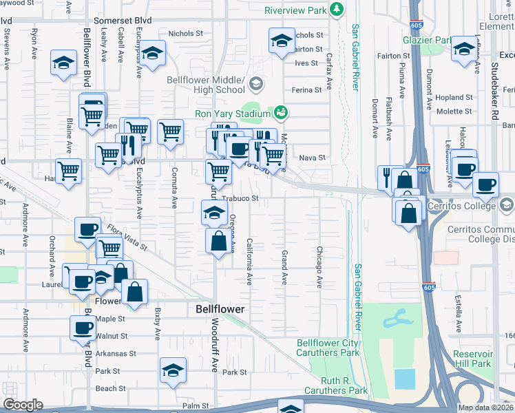 map of restaurants, bars, coffee shops, grocery stores, and more near 16232 California Avenue in Bellflower