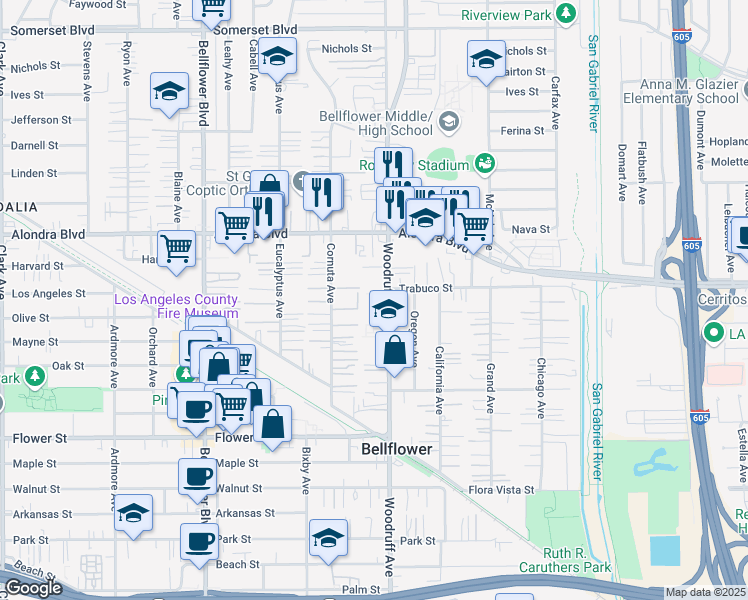 map of restaurants, bars, coffee shops, grocery stores, and more near 16224 Woodruff Avenue in Bellflower