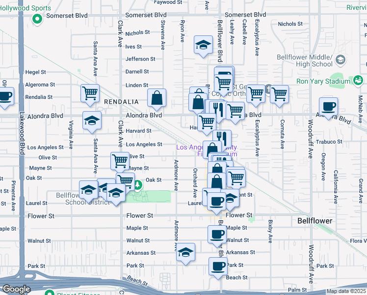 map of restaurants, bars, coffee shops, grocery stores, and more near 9629 Olive Street in Bellflower