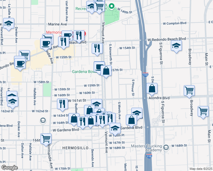 map of restaurants, bars, coffee shops, grocery stores, and more near 15920 Vermont Avenue in Gardena