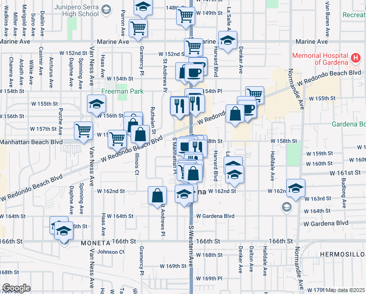map of restaurants, bars, coffee shops, grocery stores, and more near 15837 South Western Avenue in Gardena