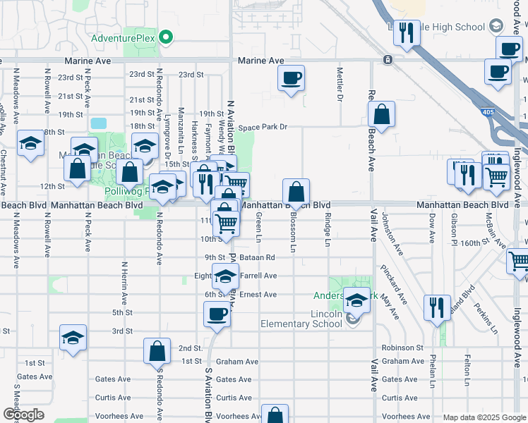 map of restaurants, bars, coffee shops, grocery stores, and more near 2000 Warfield Avenue in Redondo Beach
