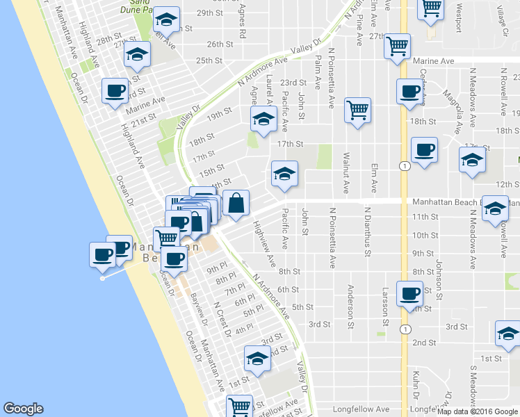 map of restaurants, bars, coffee shops, grocery stores, and more near 656 Manhattan Beach Boulevard in Manhattan Beach