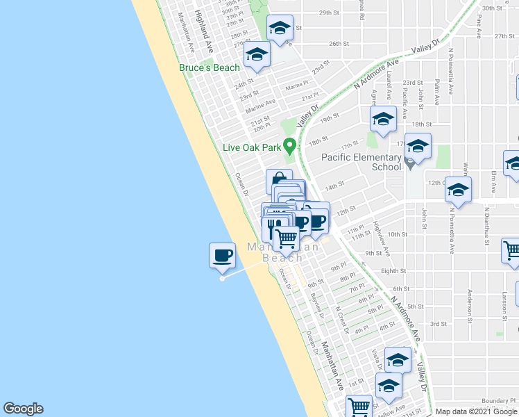 map of restaurants, bars, coffee shops, grocery stores, and more near 1408 Ocean Drive in Manhattan Beach