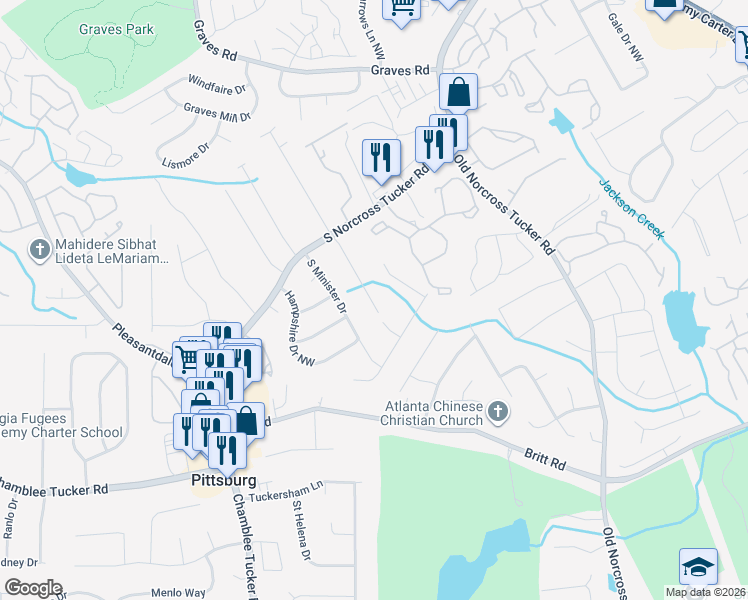 map of restaurants, bars, coffee shops, grocery stores, and more near 1149 Osceola Court in Tucker
