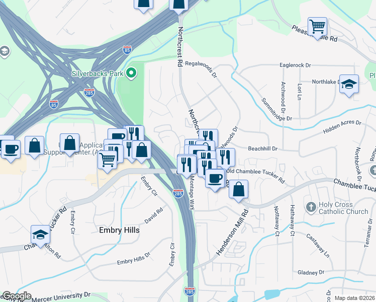 map of restaurants, bars, coffee shops, grocery stores, and more near 3326 Northcrest Road in Doraville